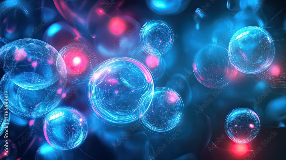 Poster mesmerizing array of glowing spheres in a vibrant blue and pink spectral glow, created by ai generat