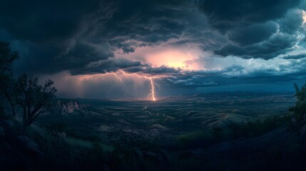 Breathtaking panoramic view of a lightning storm above majestic mountains with dark clouds and bright flashes