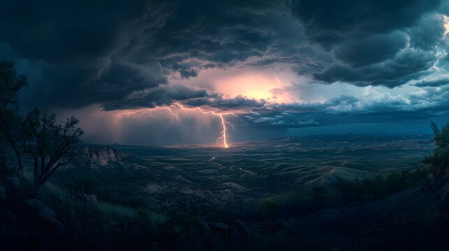 Breathtaking panoramic view of a lightning storm above majestic mountains with dark clouds and bright flashes