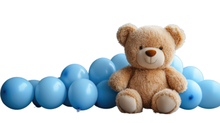Teddy Bear & Blue Balloons: A cuddly teddy bear sits nestled among a collection of light blue balloons, creating a playful and whimsical scene, perfect for celebrations. 