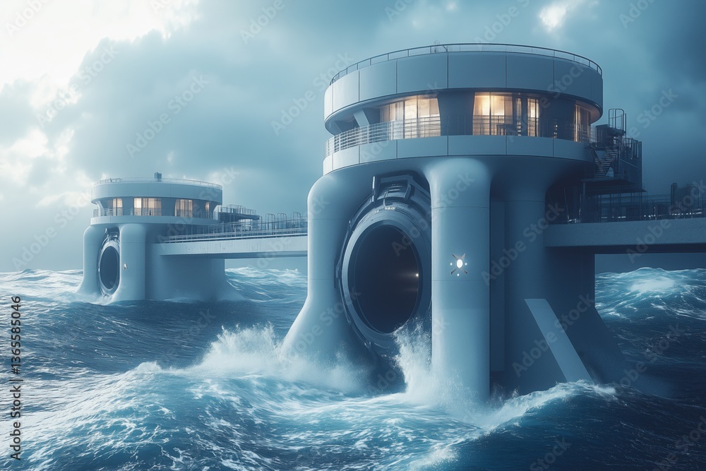 Poster a futuristic coastal structure with large cylindrical openings, surrounded by turbulent ocean waves 
