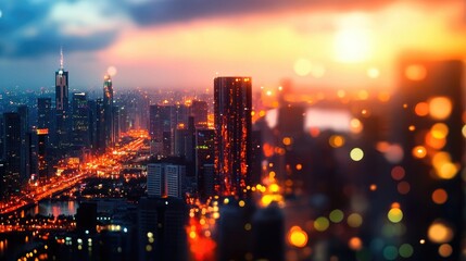 Fototapeta premium City skyline at dusk with tall buildings and bright lights