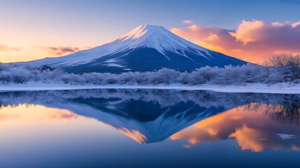 Fototapeta premium Majestic Mount Fuji's Winter Reflection: A Serene Sunrise Panorama