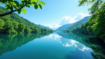 Fototapeta premium Serene lake mirrors azure sky, vibrant green foliage frames still water , foliage, photography