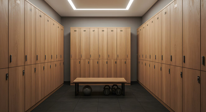 Modern Fitness Center Locker Room with Light Oak Cabinets and Bench