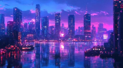 Obraz premium City skyline at dusk with warm lights and reflections on the water