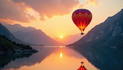 Fototapeta premium Vibrant hot air balloons ascend above serene mountain lake at sunrise, morning, dawn