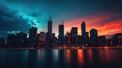 Fototapeta premium City skyline illuminated at dusk with dramatic sky