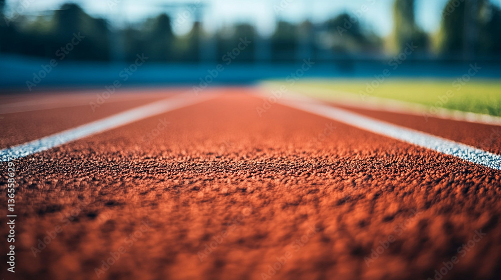 Poster a close up view of a red running track with a white line and a blurred background of green and blue