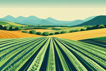 Fototapeta premium Vibrant agricultural landscape with lush fields and rolling hills in the background during daytime