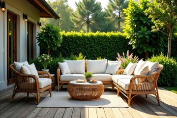 Fototapeta premium Elegant rattan furniture, sun-kissed wooden deck, vibrant garden backdrop , bloom, high-end