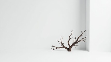 Minimalist Still Life Featuring a Single, Dried Branch in a Pristine White Room