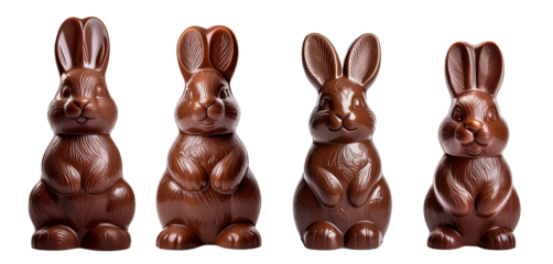 Delicious chocolate bunnies in various poses, perfect for Easter celebrations.