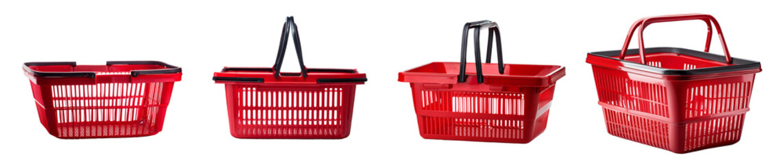 A series of red shopping baskets for retail use displayed side by side.