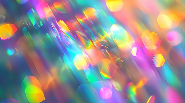 Abstract vibrant iridescent light streaks and bokeh create a colorful dynamic background.