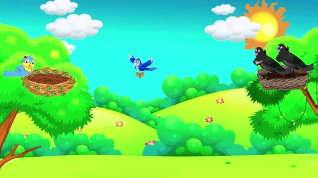 2d animation bird cartoon birds fly and sit the nest