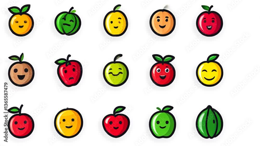Poster colorful icons of various fruits in a simple design style generative ai