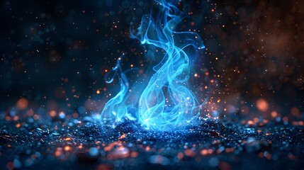 A magical blue flame flickering with soft edges, glowing embers surrounding it, hyper-detailed, isolated with no background.