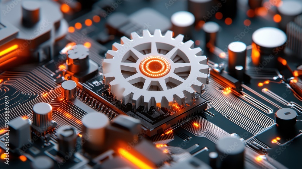Poster close up view of intricate gears cogs and electronic circuit components against a dark futuristic an
