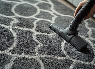 A photograph of a carpet cleaning service worker in the living room, a stock photo