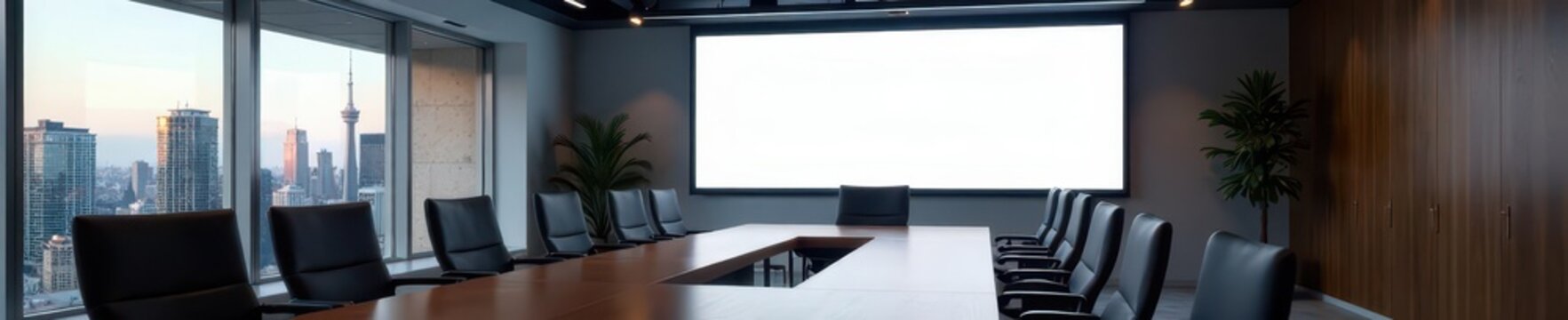Sleek conference room with blank projection screen, presentation displayed , office, room, projector