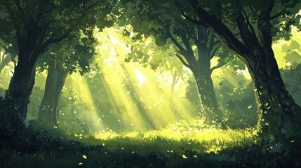 Obraz premium Lush forest with sunlight filtering through vibrant green trees.