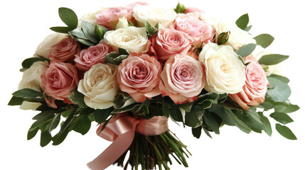 Fototapeta premium Elegant Floral Bouquet: A beautifully arranged bouquet of pastel roses and greenery, tied with a soft ribbon, exudes an air of delicate beauty and timeless charm.