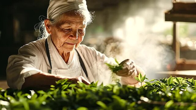 Elderly Person Packing Tea Leaves in a Beverage Plant