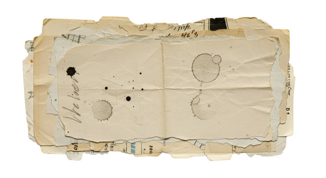 Pile of Old Aged Paper Sheets with Ink Spots and Rips