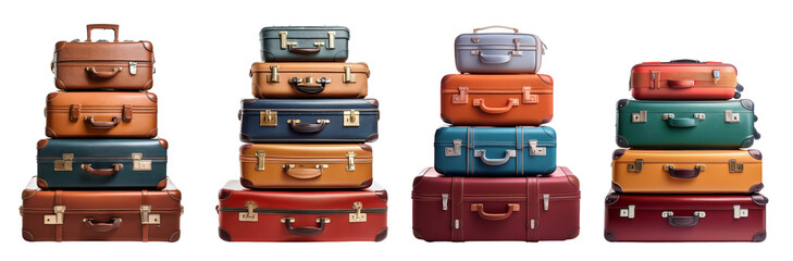 Collection of stacked vintage suitcases in various colors and sizes for travel enthusiasts.