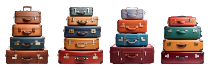 Collection of stacked vintage suitcases in various colors and sizes for travel enthusiasts.