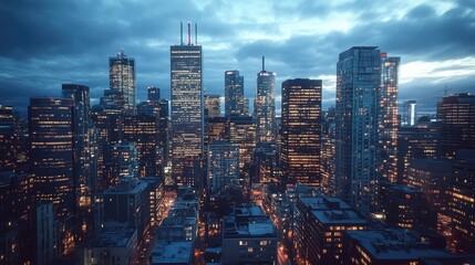 Obraz premium Skyline of a bustling city at dusk with soft lighting and glowing windows