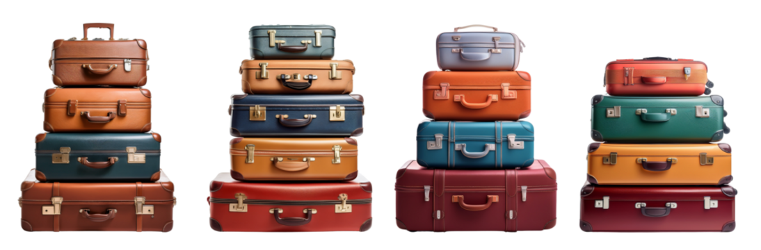 Collection of stacked vintage suitcases in various colors and sizes for travel enthusiasts.
