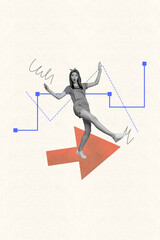 Creative collage poster of young woman stand arrows on pastel color background