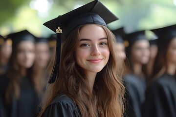 Fototapeta premium Embracing the Future: A young graduate, radiating confidence, smiles warmly, symbolizing the joy of accomplishment and the promise of a new chapter.