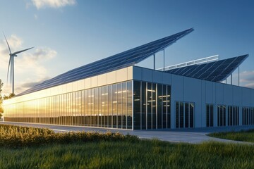 Green data center powered by solar panels and wind turbines.