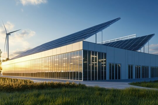 Green data center powered by solar panels and wind turbines. - Powered by Adobe