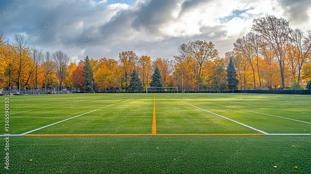 Poster a view of an empty green soccer field with trees in autumn colors and a cloudy sky in the background