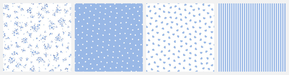 Vector illustration. Set of seamless patterns in white blue tones, ditsy flowers, dots, hearts, stripes. Summer, spring fabric design,  baby design, wrapping paper
