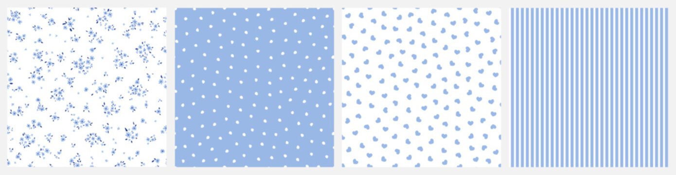 Vector illustration. Set of seamless patterns in white blue tones, ditsy flowers, dots, hearts, stripes. Summer, spring fabric design,  baby design, wrapping paper