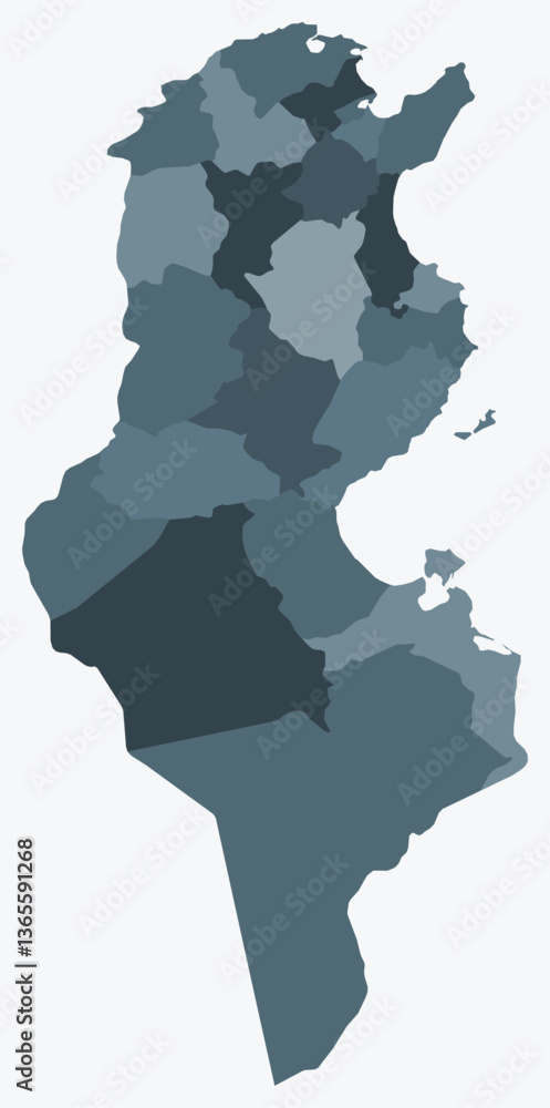 Poster map of tunisia with regions. just a simple country border map with region division. blue grey color 