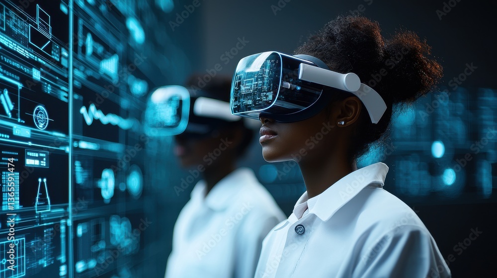 Aufkleber scientist wearing vr headset exploring and interacting with futuristic digital technology and inform