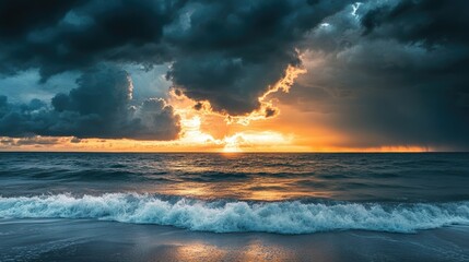 Storm clouds over the ocean at dusk with dramatic sky and light