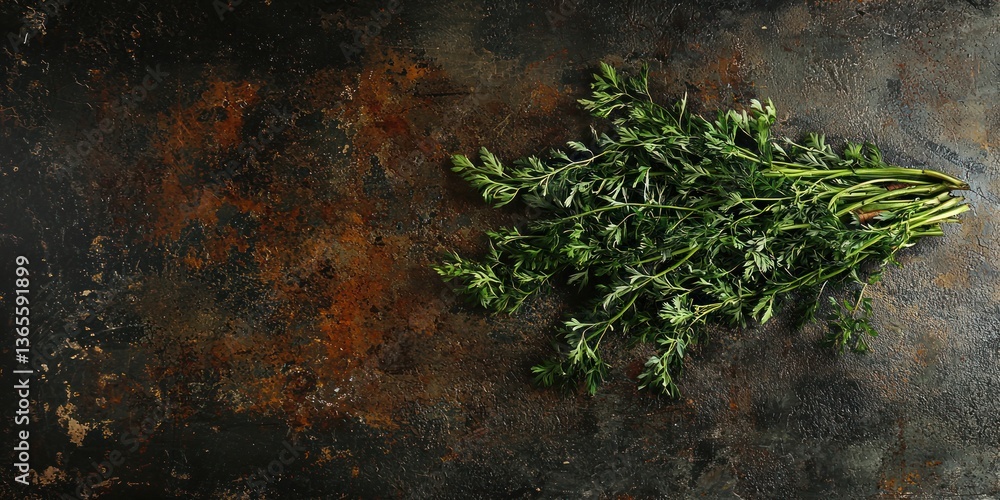 Poster carrot bunch with green tops lying on a rustic surface
