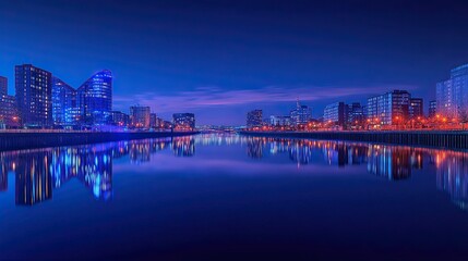 Clydeside Night Panorama, Glasgow, City Lights Reflecting Over River Clyde
