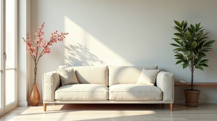 Serene Living Room Interior Design Featuring a Plush Cream Sofa, Elegant Wooden Vase with Delicate Pink Blooms, and Lush Greenery in a Woven Pot, Bathed in Soft Sunlight