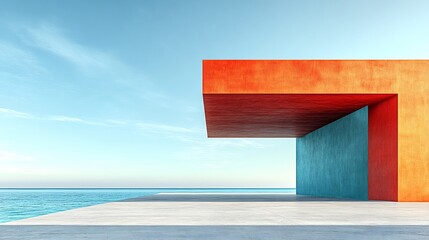 Vibrant orange and blue building dramatically sits oceanside under bright sunlight. AI Generated