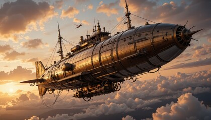 Steampunk Airship Soaring Through Sunset Clouds