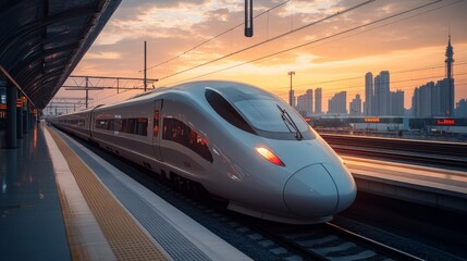 Fototapeta premium A sleek high speed maglev train approaches the platform as the sun sets, illuminating the urban skyline with vibrant colors. Passengers await their journey in this modern transportation hub.