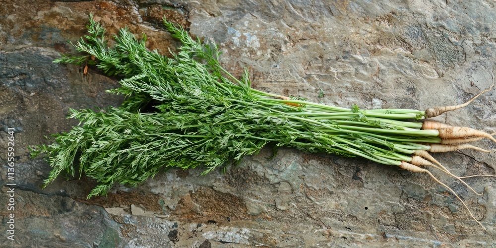 Poster carrot bunch with green tops lying on a rustic surface